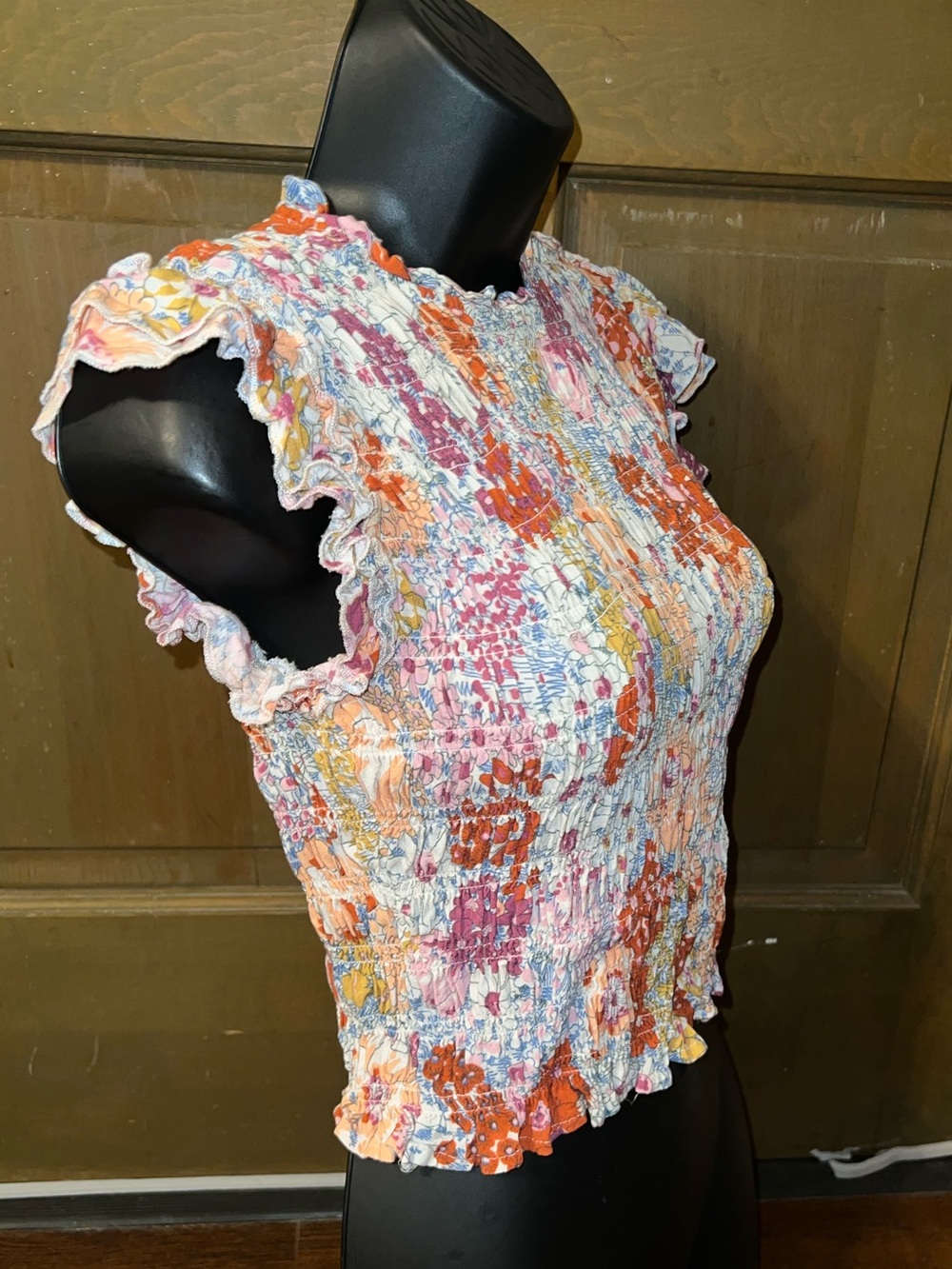 Liberty Love Floral Ruffled Smocked Crop Top Mock Neck Cottagecore Boho Size XS - Picture 2 of 11